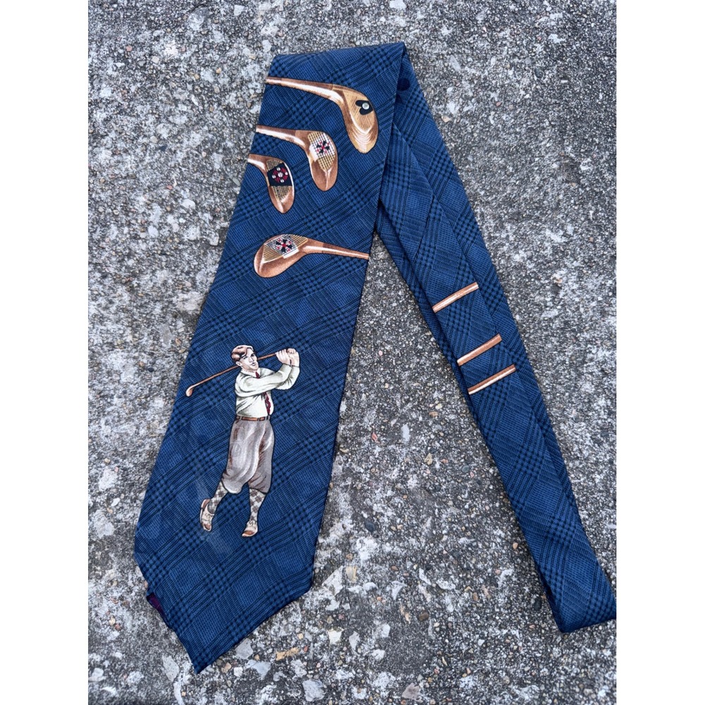 Mark Alexander Mens Navy Blue Glen Plaid Silk Golf Tie Golfer & Clubs Graphic